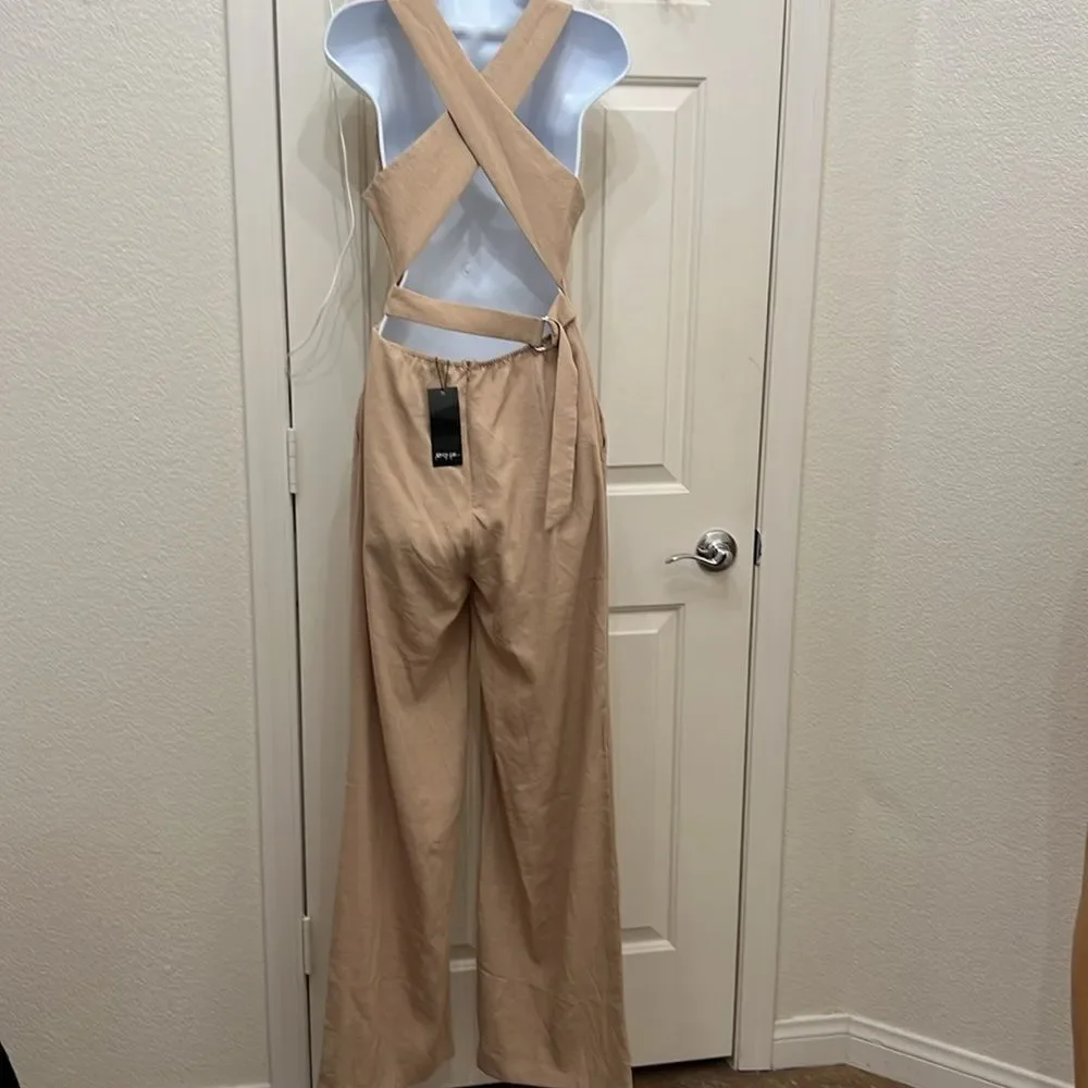 Nasty Gal Khaki Beige Pants Romper Scoop Neck Sleeveless Wide Leg Cut Out Back - Picture 8 of 17